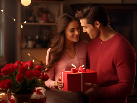 The couple commemorates Valentine's Day by exchanging gifts.の素材