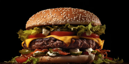 Tasty big hamburger featuring succulent beef patties and melted cheese.の素材