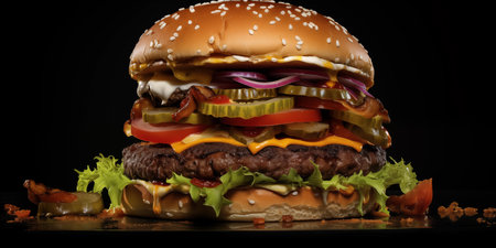 Delicious big burger with beef meat patties, cheese, and greens.の素材