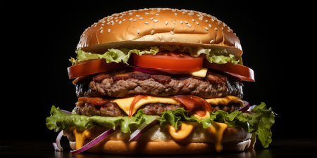 Delicious juicy burger with meat beef cutlets, cheese, greens, and sesame seed buns. Fast food. AI generated.の素材