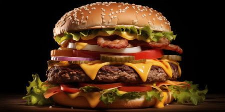 Tasty big hamburger featuring succulent beef patties and melted cheese.の素材