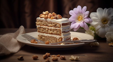 Cut sponge cake with milk cream and nuts.の素材