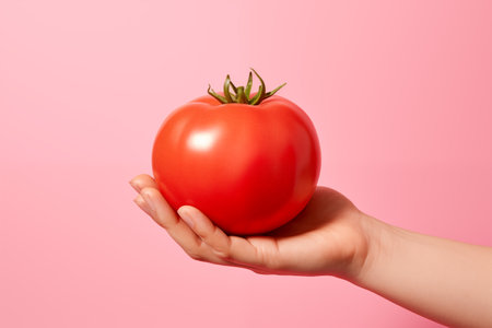 A woman's hand holds a tomato isolated on a pink background.の素材