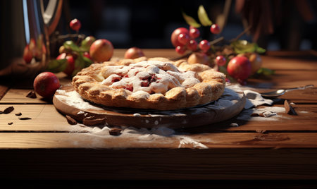 A wooden board with a pie with applesの素材