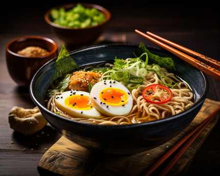 Japanese ramen with meat, eggs and green on a plate.の素材