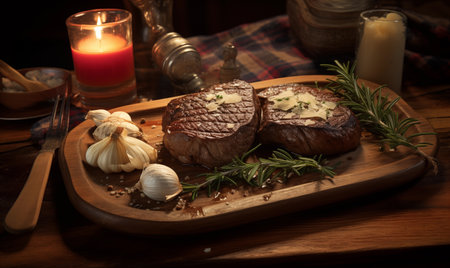 A large steak with vegetables and butter on a wooden boardの素材