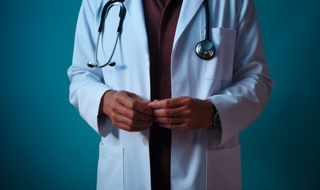 The hands of a male doctor with a statoscope. Generated with the help of an artificial intelligence.の素材