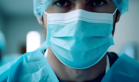 Portrait of a surgeon doctor in a medical mask in the hospital, created with generative aiの素材