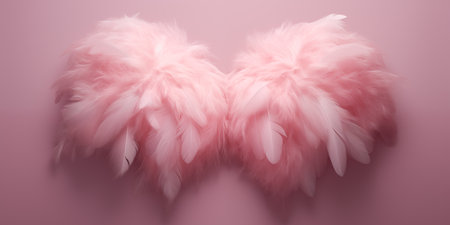 Light pink feather wings on a pink background. Celebration of Valentine's Day. Cupid. Generated by artificial intelligence.の素材