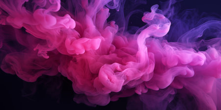 Purple-pink fluffy pastel ink smoke on a dark background. Generated by artificial intelligence.の素材