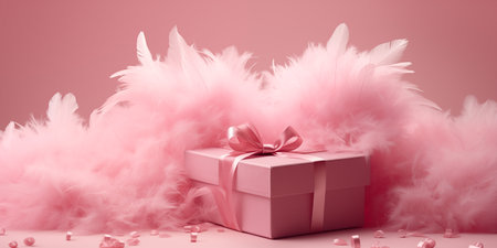 Pink gift box surrounded by feathers on a pink background. Valentine's Day celebration. Generated by artificial intelligence.の素材