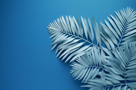 Blue tropical palm trees on a dark background. Generated by artificial intelligence.の素材