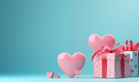 A pink gift box and hearts on a blue background. Valentine's Day celebration. Generated by artificial intelligence.の素材