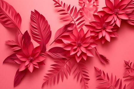 A set of cut paper flower leaves on a bright pink background. Generated by artificial intelligence.の素材