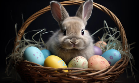 Easter bunny with a basket of colorful eggs. Created by artificial intelligence.の素材