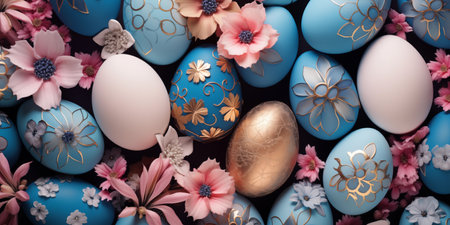 Arrangement of Easter eggs and flowers in pink-blue colors. Created by artificial intelligence.の素材