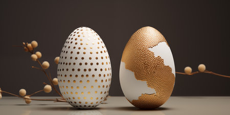 Two white and gold painted eggs on the dark background. Generated by artificial intelligence.の素材