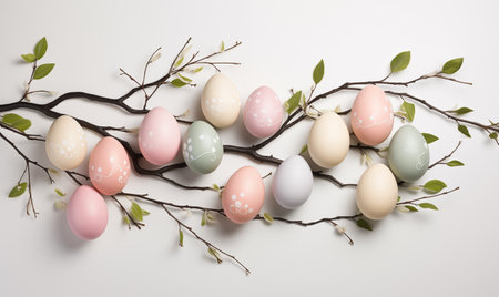 Colorful easter eggs with branches on a white background. Created by artificial intelligence.の素材