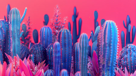 Bright blue cactus plants against a pink background. Generated by artificial intelligence.の素材