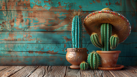 Hats and potted plants with cactuses. Generated by artificial intelligence.の素材