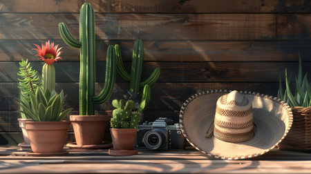 Cactus, hat, and sombrero on a wooden background with a camera. Generated by artificial intelligence.の素材