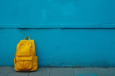The yellow briefcase against a blue wall. Backpack, school briefcase, bagbook. Generated by artificial intelligence.の素材