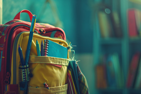 The yellow briefcase against a blue classroom. Backpack, school briefcase, bagbook. Generated by artificial intelligence.の素材