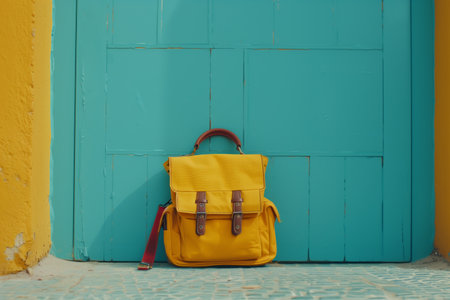 The yellow briefcase against a blue wall. Backpack, school briefcase, bagbook. Generated by artificial intelligence.の素材