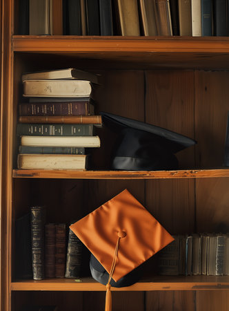 A graduation cap and books with golden tassels on the topand books. Generated by artificial intelligence.の素材