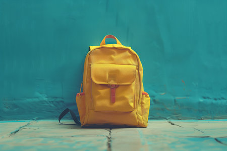 The yellow briefcase against a blue wall. Backpack, school briefcase, bagbook. Generated by artificial intelligence.の素材