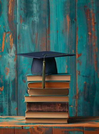 A graduation cap and books with golden tassels on the topand books. Generated by artificial intelligence.の素材