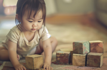 An Asian child playing with blocks. Generated by artificial intelligence.の素材