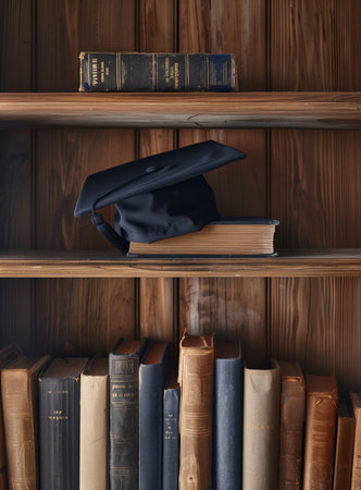 A graduation cap and books with golden tassels on the topand books. Generated by artificial intelligence.の素材