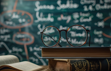 The glasses with school books in front of a blackboard. Created by artificial intelligence.の素材