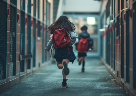 A girl classmate run from boy to school. Created by artificial intelligence.の素材