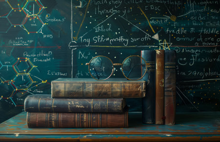 The glasses with school books in front of a blackboard. Created by artificial intelligence.の素材