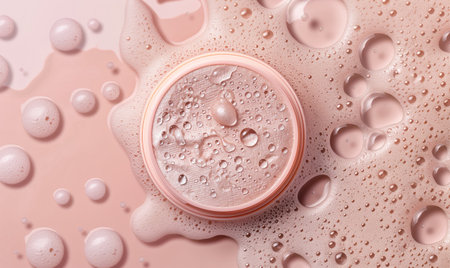 Cosmetic product photos with water drops, professional light, beige and dusty rose colors. Generated by artificial intelligence.の素材