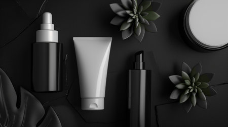 Cosmetic products, black and white packaging, minimalist, dark slate background, few plants. Generated by artificial intelligence.の素材