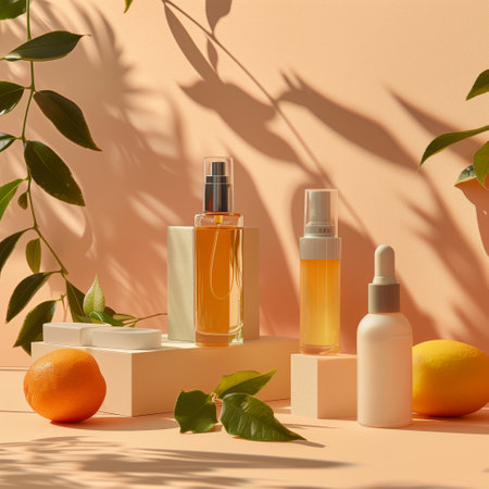 Cosmetic products mockup on table with leaf, fruits and leaf. Generated by artificial intelligence.の素材