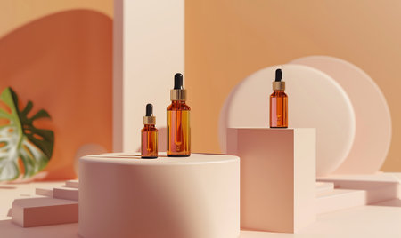 Beauty natural skincare product mock up. Serum or Collagen Dropper Bottles on different geometric podiums. Skincare products presentation. Generated by artificial intelligence.の素材