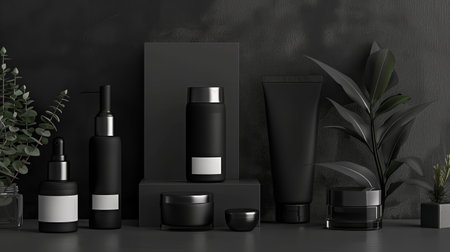 Cosmetic products, black and white packaging, minimalist, dark slate background, few plants. Generated by artificial intelligence.の素材