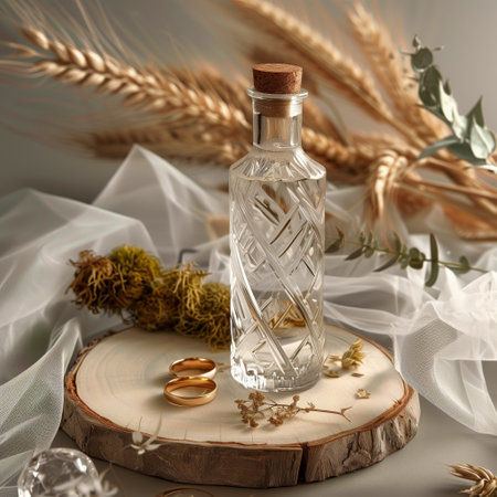 A product photo of a 0.7-liter bottle. The bottle design is transparent, smooth glass with a cuboid shape. Next to the bottle, there are two smooth gold wedding rings, a wheat ear and moss.の素材