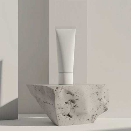 E-commerce, white hand cream packaging box mockup product on stone box, soft lighting minimalist, high-quality details, 3D model. Generated by artificial intelligence.の素材
