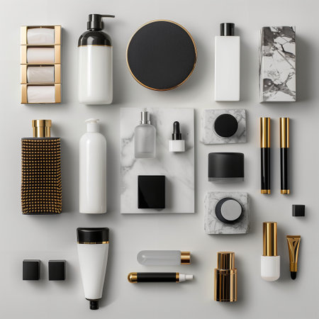 Cosmetic and hair care products laying out on solid-color background. Generated by artificial intelligence.の素材