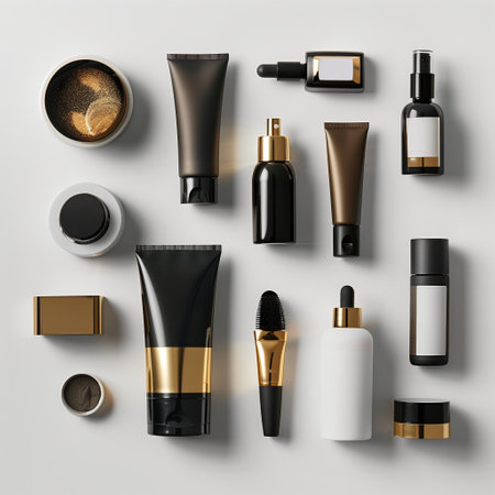 Cosmetic and hair care products laying out on solid-color background. Generated by artificial intelligence.の素材