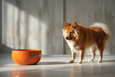 Brown dog standing next to a bowl. The background is light and minimalistic. The light falls beautifully and stylishly onto the bowl. Generated by artificial intelligence.の素材