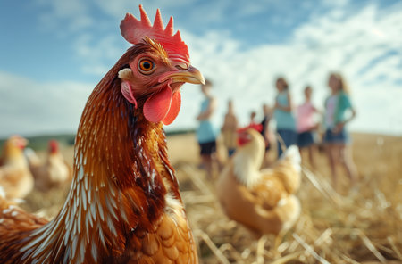 Close-up chicken looking in the camera with a group of people in a field. Generated by artificial intelligence.の素材
