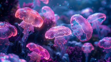 A jellyfish swimming in the ocean, in the style of glowing colors. Generated by artificial intelligence.の素材
