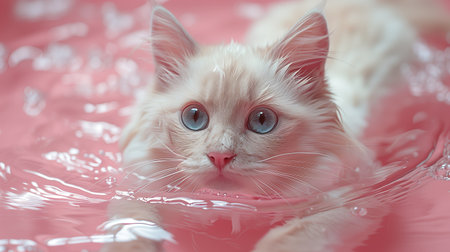 Close-up a cute white cat swimming in the pink water. Generated by artificial intelligence.の素材