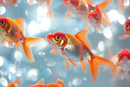 A cluster of goldfish is on a blue background. Generated by artificial intelligence.の素材